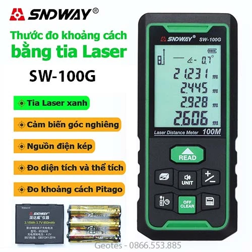 MÁY ĐO KHOẢNG CÁCH LASER SNDWAY SW-100G TIA XANH Đo 100m CHÍNH HÃNG